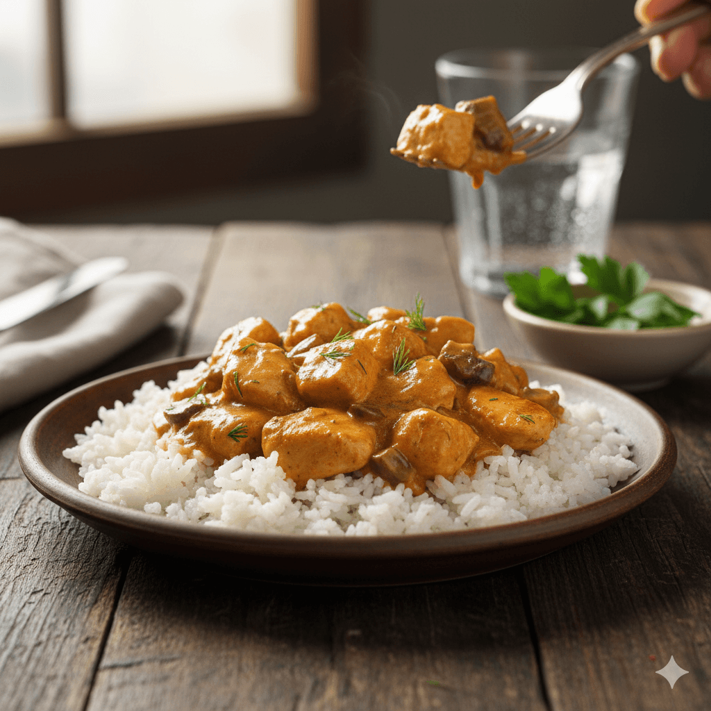 Strogonoff de pollo con arroz